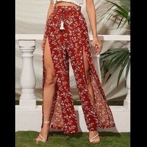 Tassel Tie Waist Ditsy Floral Wrap Pants